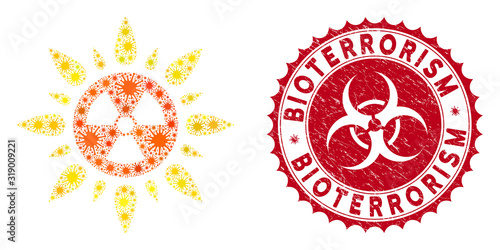 Coronavirus mosaic atomic radiation icon and round rubber stamp watermark with Bioterrorism phrase. Mosaic vector is composed from atomic radiation icon and with random sars items.