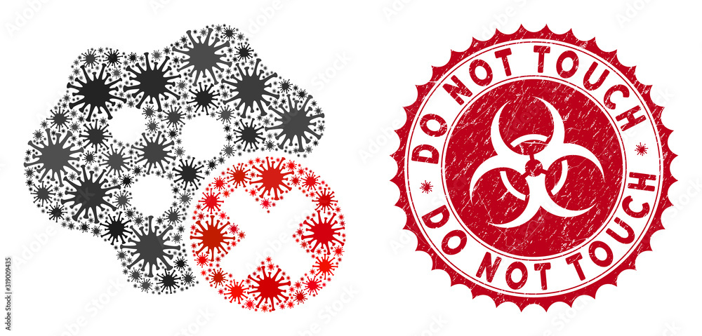 Coronavirus collage stop infection icon and round grunge stamp seal with Do Not Touch phrase. Mosaic vector is designed with stop infection icon and with randomized bacteria elements. Coronavirus collage stop infection icon and round grunge stamp seal with Do Not Touch phrase. Mosaic vector is designed with stop infection icon and with randomized bacteria elements.