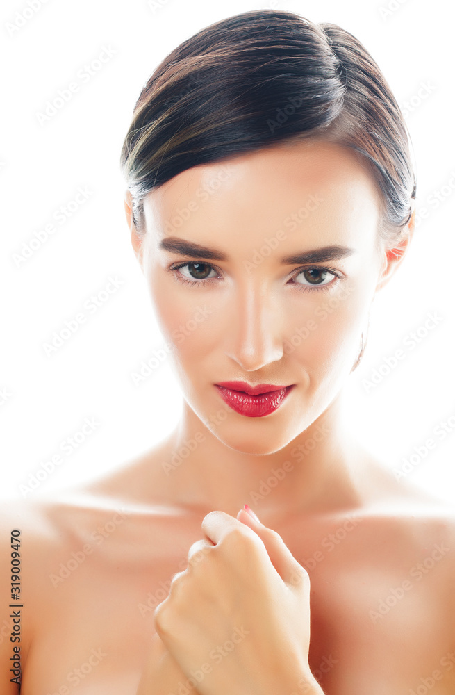 young pretty brunette woman with natural makeup posing cheerful with hands isoletad on white background, spa people concept young pretty brunette woman with natural makeup posing cheerful with hands isoletad on white background, spa people concept
