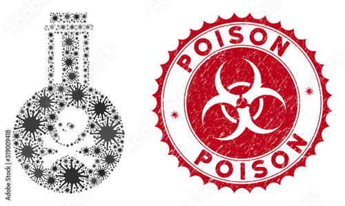 Coronavirus mosaic poison icon and rounded grunge stamp seal with Poison text. Mosaic vector is composed with poison icon and with scattered microbe elements. Poison stamp seal uses biohazard style,