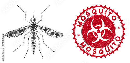 Coronavirus mosaic mosquito icon and rounded distressed stamp seal with Mosquito caption. Mosaic vector is created from mosquito icon and with scattered epidemic icons.
