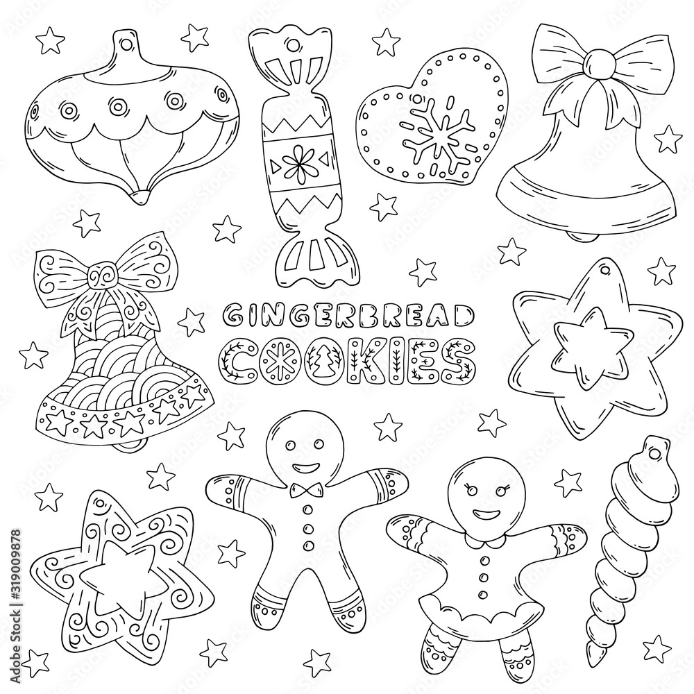 Cute doodles, vector illustration for Christmas, hand drawn set for decoration. Clipart of cookies, gingerbread, icicle, star, gingerbread man and girl tree decoration, bell with bow, candy, heart.