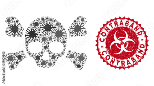 Coronavirus mosaic skull crossbones icon and round grunge stamp watermark with Contraband caption. Mosaic vector is designed with skull crossbones icon and with scattered bacterium icons.