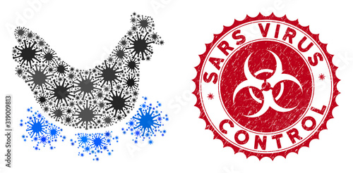 Coronavirus mosaic chicken virus icon and round corroded stamp watermark with Sars Virus Control phrase. Mosaic vector is formed with chicken virus icon and with random microorganism objects.