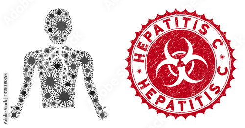 Coronavirus mosaic chest cancer icon and rounded distressed stamp seal with Hepatitis C caption. Mosaic vector is designed with chest cancer icon and with randomized bacillus objects.