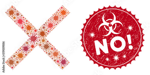 Coronavirus mosaic cancel icon and round rubber stamp seal with No! caption. Mosaic vector is designed with cancel icon and with scattered contagious elements. No! seal uses biohazard style,