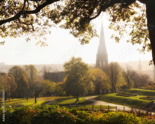 Autumnal view of Brooke Park, Derry-Londonderry across the changing tree tops and the misty city skyline.