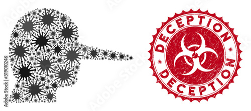 Coronavirus mosaic liar icon and round grunge stamp seal with Deception text. Mosaic vector is composed with liar pictogram and with scattered epidemic symbols.