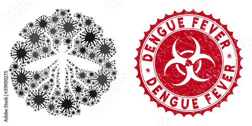 Coronavirus mosaic dengue fever virus icon and round distressed stamp seal with Dengue Fever phrase. Mosaic vector is created from dengue fever virus icon and with randomized contagious symbols.