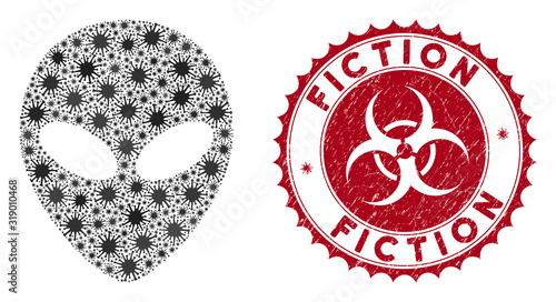 Coronavirus mosaic alien face icon and rounded grunge stamp seal with Fiction text. Mosaic vector is created from alien face icon and with scattered microorganism objects.