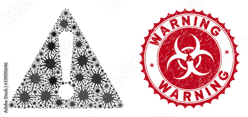 Coronavirus collage warning icon and round rubber stamp seal with Warning caption. Mosaic vector is designed with warning icon and with random sars elements. Warning stamp seal uses biohazard style,