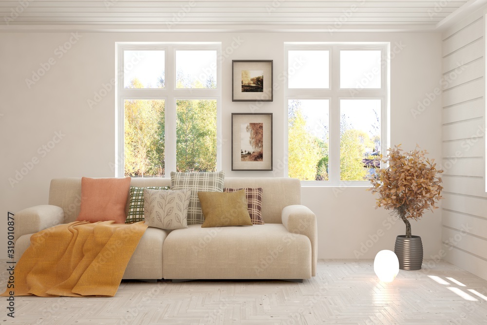 Fototapeta premium Stylish room in white color with sofa. Scandinavian interior design. 3D illustration