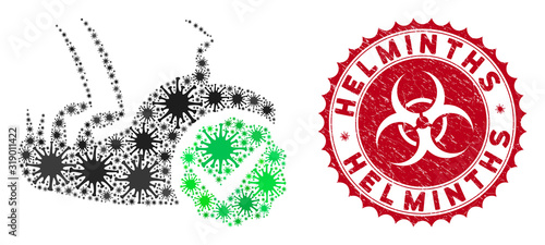 Coronavirus collage flea control icon and round rubber stamp watermark with Helminths phrase. Mosaic vector is created with flea control icon and with random viral items.
