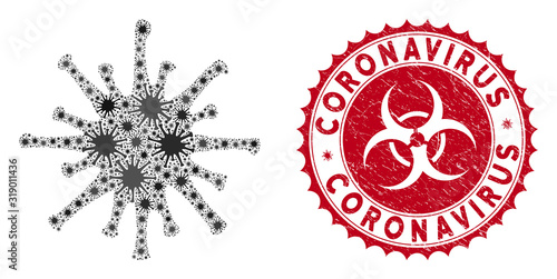 Coronavirus mosaic coronavirus icon and rounded distressed stamp seal with Coronavirus text. Mosaic vector is composed with coronavirus icon and with scattered contagion elements.