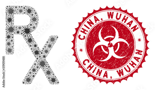Coronavirus mosaic Rx medical symbol icon and rounded grunge stamp seal with China, Wuhan phrase. Mosaic vector is composed with Rx medical symbol icon and with random bacterium icons. China,