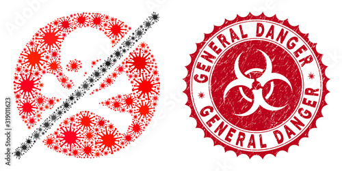 Coronavirus mosaic no toxins icon and rounded rubber stamp seal with General Danger text. Mosaic vector is designed with no toxins pictogram and with random microbe cell items.