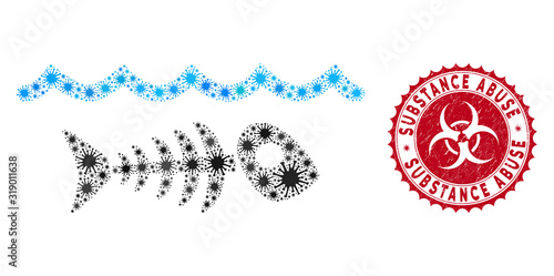 Coronavirus mosaic water pollution icon and round rubber stamp seal with Substance Abuse caption. Mosaic vector is composed with water pollution pictogram and with randomized bacillus objects.