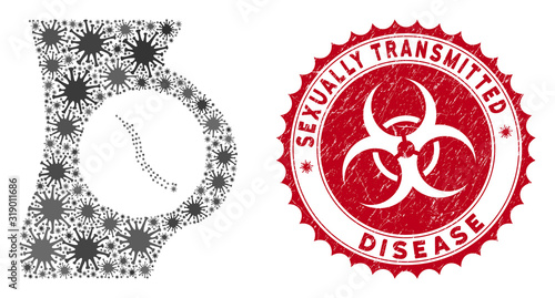 Coronavirus mosaic intestinal parasite icon and rounded grunge stamp watermark with Sexually Transmitted Disease phrase.