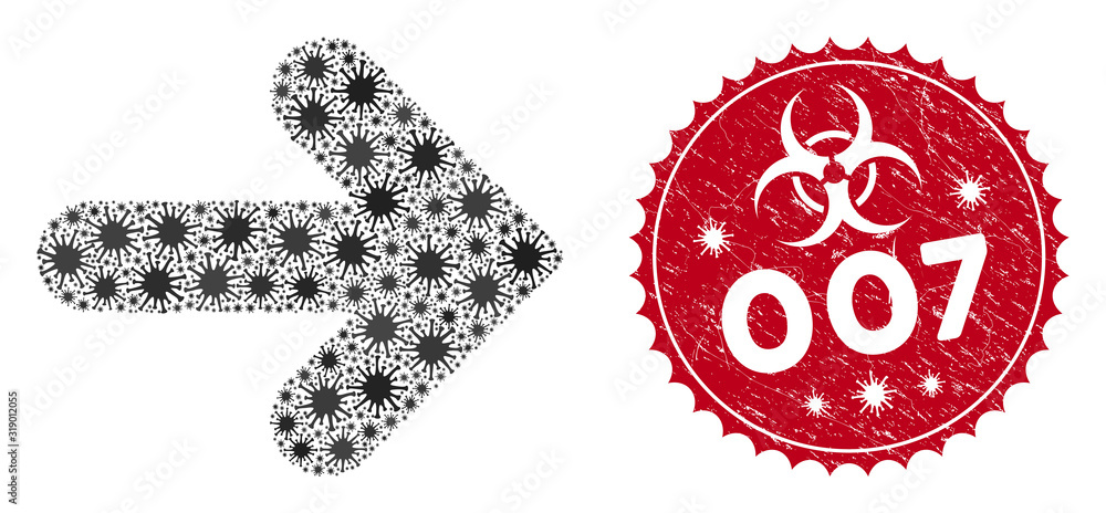 Coronavirus mosaic arrow direction icon and round grunge stamp seal with 007 phrase. Mosaic vector is created with arrow direction icon and with random bacteria elements. Coronavirus mosaic arrow direction icon and round grunge stamp seal with 007 phrase. Mosaic vector is created with arrow direction icon and with random bacteria elements.
