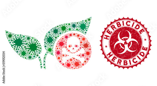 Coronavirus mosaic herbicide icon and round distressed stamp seal with Herbicide caption. Mosaic vector is designed from herbicide icon and with scattered microbe cell icons.