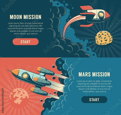 Rocket launch to the moon - space flyer in retro style. Spaceship start mars mission - vintage banner. Vector illustration.