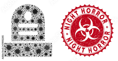 Coronavirus mosaic grave icon and round rubber stamp seal with Night Horror phrase. Mosaic vector is designed with grave icon and with randomized sars items.