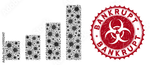 Coronavirus mosaic bar chart icon and round rubber stamp seal with Bankrupt phrase. Mosaic vector is created with bar chart icon and with random bacillus objects.