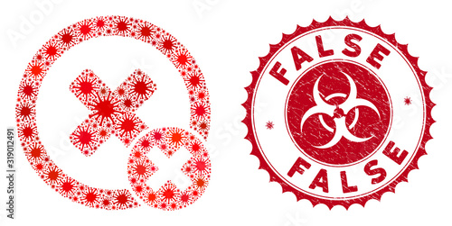 Coronavirus mosaic false negative icon and round distressed stamp watermark with False phrase. Mosaic vector is created with false negative icon and with randomized sars objects.