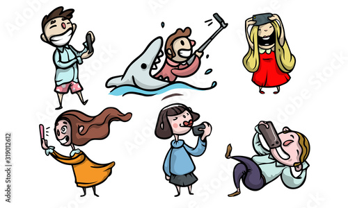 Set of funny happy smiling people characters doing a selfie. Vector illustration in flat cartoon style.