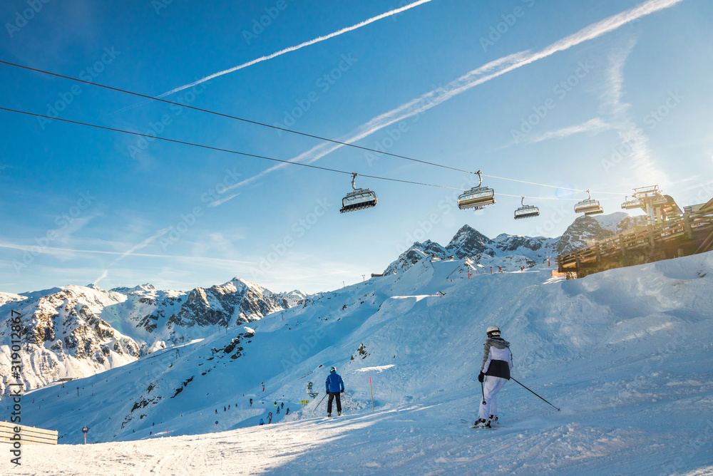 Apine skiing in the Austrian Alps. Ski resort. Sivretta Montafon, Austria