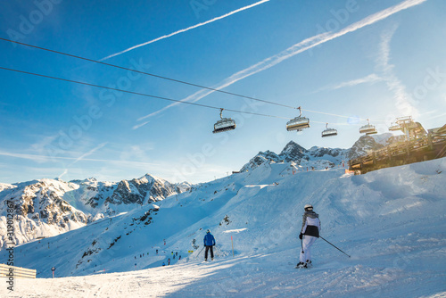 Apine skiing in the Austrian Alps. Ski resort. Sivretta Montafon, Austria