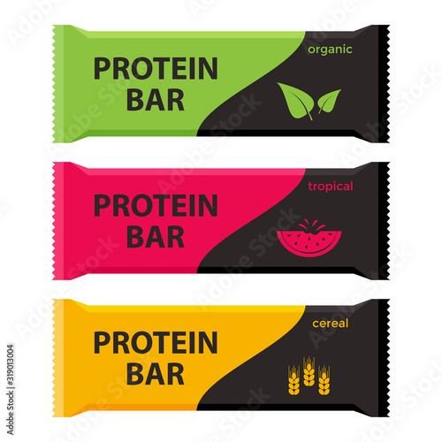 Protein bars with different flavors. Organic, tropical and cereal. Sport and fitness supplements. Vector illustration