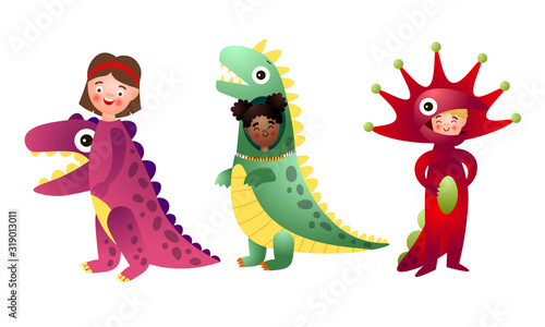 Set of happy smiling boys and girls in colorful dinosaur costumes.Vector illustration in flat cartoon style.