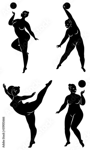 Collection. Gymnastics. Silhouette of a girl with a ball. The woman is overweight, a large body. The girl is full figured. Vector illustration set