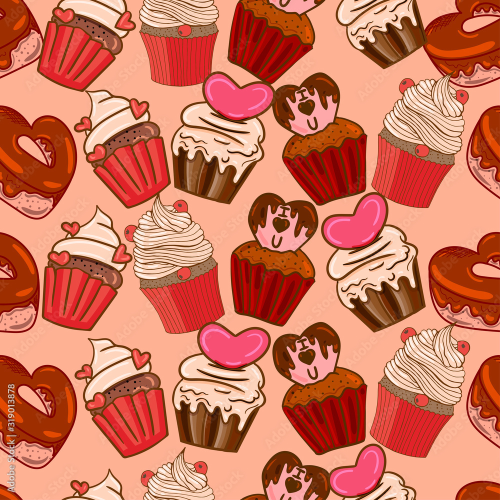 Hand drawn seamless pattern cupcakes with chocolate heart and cream. Print on paper, invitations, background. Vector illustration. Hand drawn seamless pattern cupcakes with chocolate heart and cream. Print on paper, invitations, background. Vector illustration.