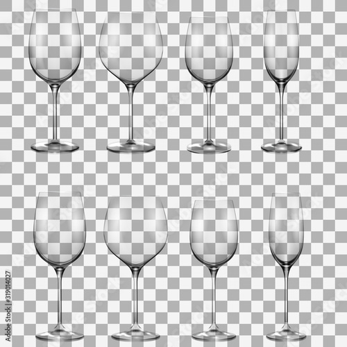 Transparent wine glass set. Wine glasses. Realistic vector