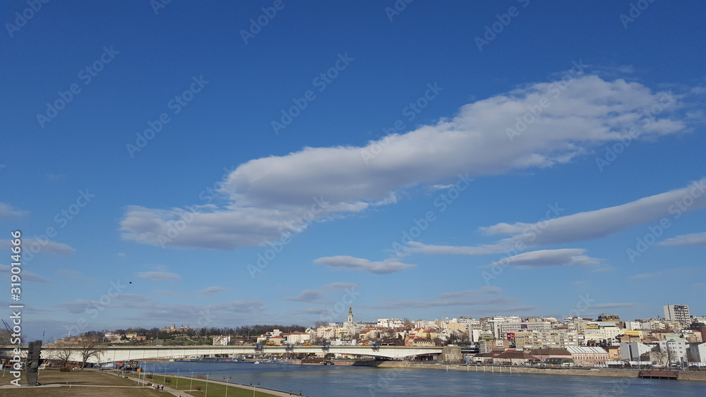 Panorama of the city by the river and the bridge
