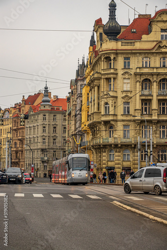 Busy street in Prague city