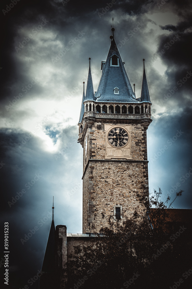 The Old Town Hall with astronomical clock with dark sky