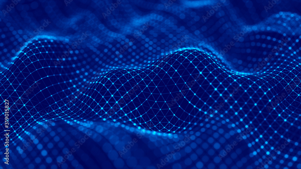 Wave of particles. Futuristic blue dots background with a dynamic wave. Big data. 3d rendering. Wave of particles. Futuristic blue dots background with a dynamic wave. Big data. 3d rendering.