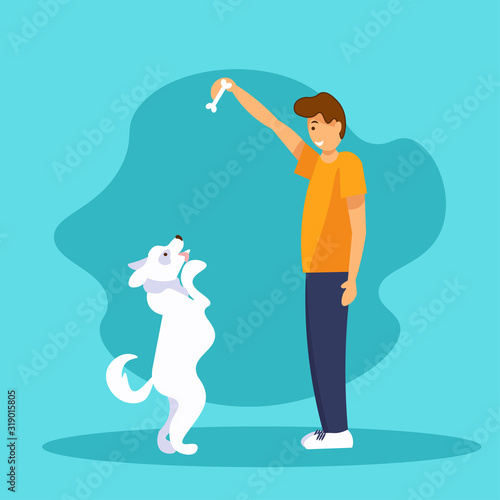 Dog standing on hind legs asking for food. Young man is training his puppy. Flat vector Illustration.