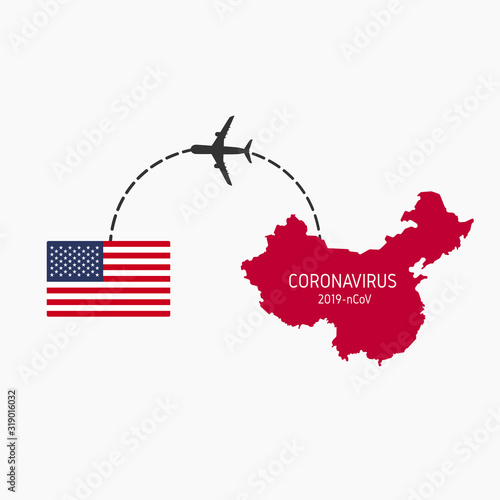 MERS-Cov (middle East respiratory syndrome coronavirus), Novel coronavirus (2019-nCoV), icon of departure of coronavirus-charged plane from China and arriving in USA. pandemic concept
