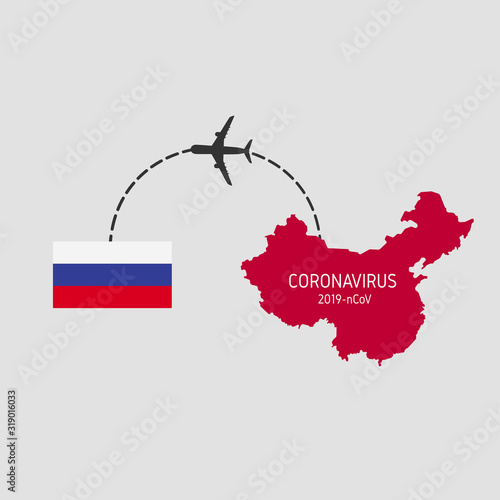MERS-Cov (middle East respiratory syndrome coronavirus), Novel coronavirus (2019-nCoV), icon of departure of coronavirus-charged plane from China and arriving in Russia. pandemic concept