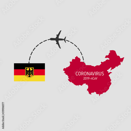 MERS-Cov (middle East respiratory syndrome coronavirus), Novel coronavirus (2019-nCoV), icon of departure of coronavirus-charged plane from China and arriving in Germany. pandemic concept