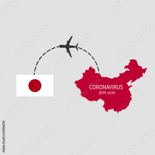 MERS-Cov (middle East respiratory syndrome coronavirus), Novel coronavirus (2019-nCoV), icon of departure of coronavirus-charged plane from China and arriving in Japan. pandemic concept