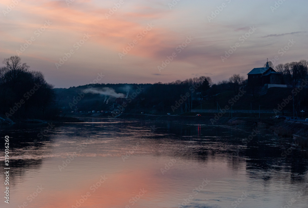 Views of Grodno. Belarus. Evening landscape. Sunset over the Neman River .