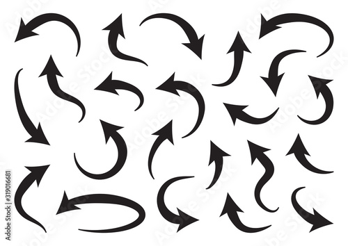 Set of different curve arrows, black icons isolated. Vector illustration