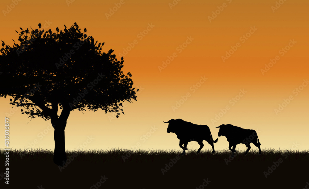 Toros con cielo anaranjado y árbol. Ilustración.