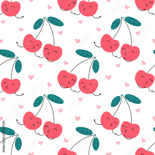 Seamless pattern cartoon character of cherry in love, sweet kiss. Print for wrapping, fabric, wallpaper, texture. Vector illustration on a white background.