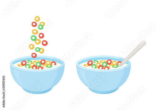 Obraz na plátně Cereal breakfast, healthy food, colorful crisp rings in milk